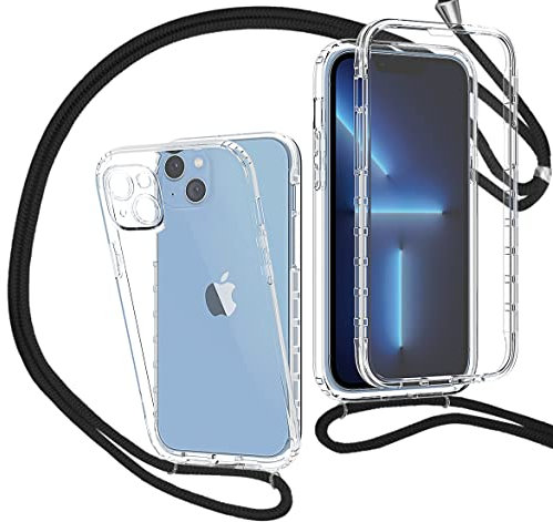 MXKOCO 360 Degré Coque pour iPhone 14 Plus Coque - Silicone Cordon Tour De Cou Telephone Housse Étuis À Bandoulière Et Cordon Collier avec Réglable Cordon Tour de Cou Lanière pour Portable