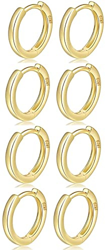 MOROTOLE 4 Paar kleine Creolen für Damen 925 Silber Post Huggie Set 18 Karat Gold/Silber Creolen Schläfer Ohrringe für Mädchen Mehrere Piercings Kleine Kugelohrstecker