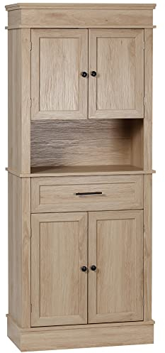 HOMCOM Armoire de Cuisine Buffet Cuisine vaisselier Meuble de Rangement Style Moderne avec placards, étagères réglables, tiroir, et Niche, pour Salle à Manger, Salon, 74 x 39,5 x 183 cm, chêne Clair