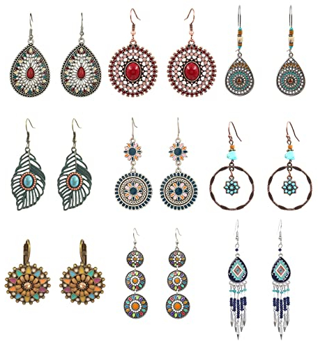 JewelryWe Schmuck 9 Paar Boho Lange Baumeln Ohrringe Damen Hängend Ohrringe Set Blumen Blatt Wassertropfen Rund Kreis Quaste Retro Böhmische Hängeohrringe Ohrhänger für Frauen Mädchen