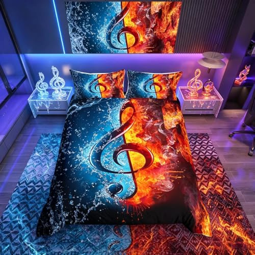Bettwäsche-Set mit Musikmotiven, Wasserflamme, Musiknoten-Druck, Doppelbettgröße, luxuriöses Musikmuster, Bettdeckenbezug für Kinder, Jungen, Mädchen, Herren, Damen, Hipster-Stil, Tagesdeckenbezug