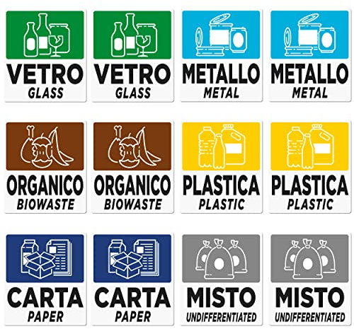 12 große Aufkleber für Mülltrennung | Format 12 x 12 cm | Etiketten auf Italienisch und Englisch für Abfallbehälter | 12 Stück