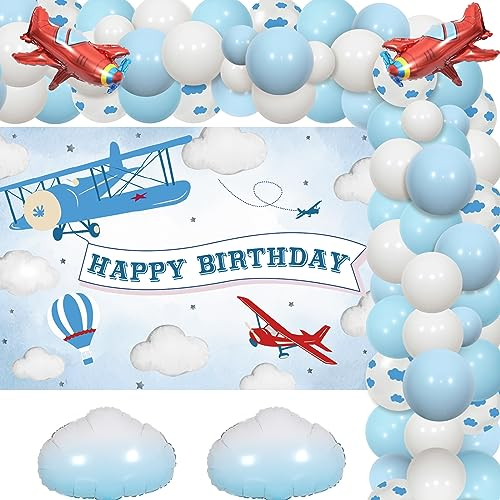 Wonmelody Flugzeug-Geburtstagsparty-Dekorationen, blaue Ballongirlande, Flugzeug-Alles Gute zum Geburtstag-Hintergrund, Flugzeug-Wolke-Folienballons für die Zeit vergeht, Geburtstagsparty-Dekorationen