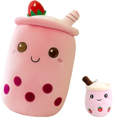 2Pcs Milk Tea Cup Plush Toy,Pink Milk Tea Soft Plush Doll with Strawberries,Soft Lifelike Bubble Pearl Milk Tea Cup Shaped Hugging Cushion,Cute Bubble Tea Plush Toy Key Childrens Toy Birthday Gift
