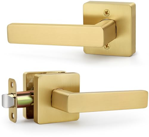 LOQRON Square Non-Locking Passage Door Lever, Brushed Gold Door Handles, Heavy Duty Gold Door Lever Without Keys and Lock Reversible Door Handle for Right/Left Handed Hallway Closet