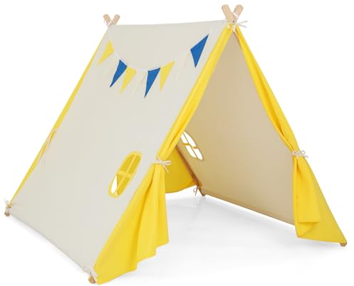 DREAMADE Tipi Zelt für Kinder mit Flaggenkette, Kinder Spielhaus Indoor mit Massivholzrahmen, Tipizelt Spielzelt Kinderzelt für Jungen und Märchen, 137 x 145 x 121 cm Beige