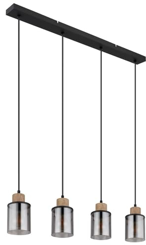 GLOBO Pendellampe schwarz Esstischleuchte 4 flammig Rauchglas Hängeleuchte, Metall schwarz matt, Holz, 4x E27, LxBxH 78x10x120 cm