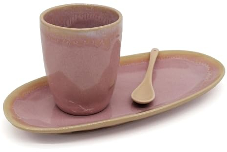 Mea-Living STONEWARE Set L rosa, mit Becher, Teller und Löffel, handgemachtes Steingut, Kuchenteller, wunderschönes handmade Geschirr
