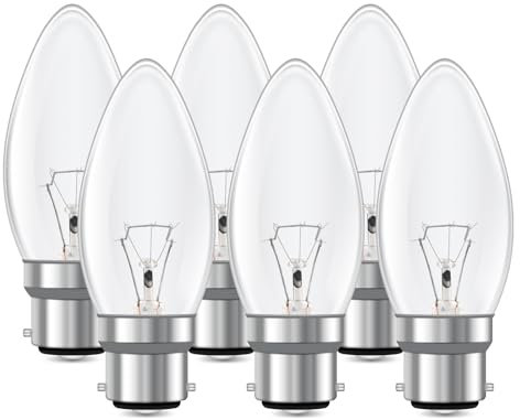 B22 Bayonet Clear Candle Light Bulb, C35 Candle Bulb, Dimmable Warm White 2700K, 400 Lumen, AC 230V, Bayonet Light Bulb, BC Candle Bulb, for Chandeliers, Desk Lamp, Ceiling Fixture, 6 Pack
