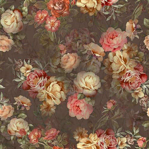VEELIKE Nostalgic Brown Floral Wallpaper Self Adhesive Watercolor Flower Wallpaper for Bedroom Bathroom 44.5cm × 300cm Vintage Dark Rose Wall Mural Stickers Leaf Contact Paper for Furniture Removable