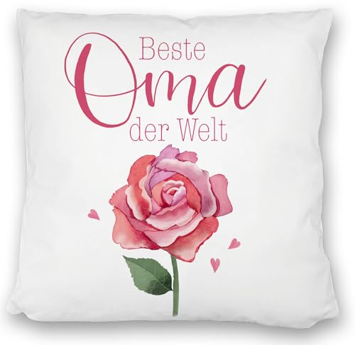 Rose Kissen satiniert mit Spruch Beste Oma der Welt Liebevolles Herz-Kissen satiniert in Rosa und Pink mit floralem Muster die perfekte Geschenkidee für Großeltern
