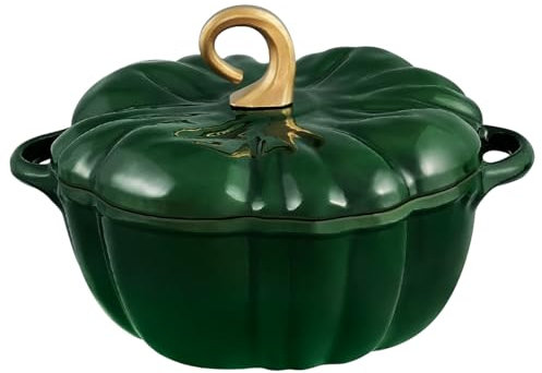 Flavehc Pumpkin Dutch Oven Pot with Lid 3.8 qt Pumpkin Cast Iron Dutch Oven for Bread Baking Green Enameled Cast Iron Dutch Oven with Handels