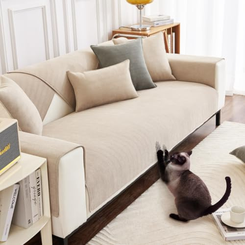 DUJUIKE Sofa Überzug 1/2/3/4 Sitzer, Chenille Sofaüberwurf, Ecksofabezug, L-Form Sofabezug, Katzensofa-Schutz, Knitter- und Kratzfest, Waschbar, rutschfest für U Form Sektionssofa (Weiß,70x70cm)