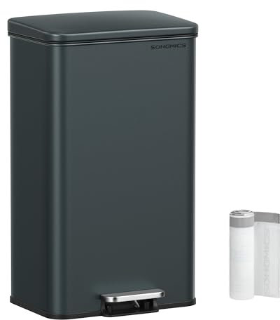 SONGMICS Poubelle de cuisine ULTB540G01, grande poubelle à marche avec couvercle, en acier inoxydable, fermeture douce, 15 sacs poubelle inclus, gris anthracite