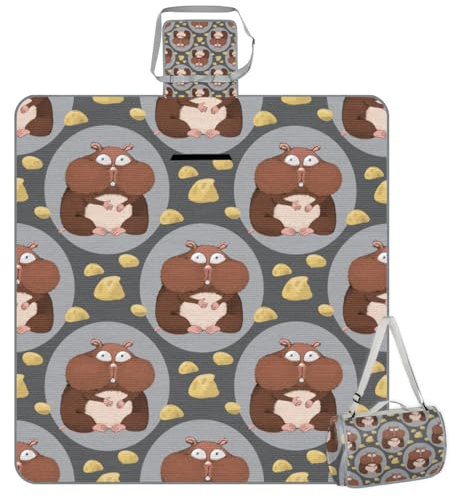 WowPrint Cartoon-Hamster-Käse-Picknickdecken, 150 x 145 cm, niedliche Hamster, faltbare Outdoor-Stranddecke, wasserdichte Matte für Familie, Strand, Camping, Wandern, Picknick