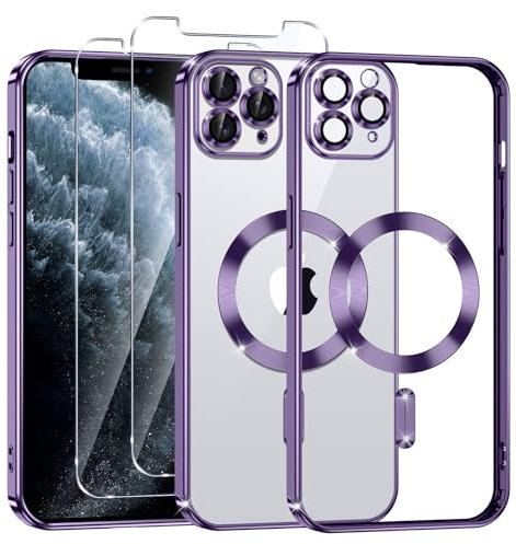 Phoona Coque Magnétique pour iPhone 11 Pro avec 2 Pièces Verre Trempé, Compatible avec MagSafe, Résistante aux Rayures, Résistante aux Chocs, Mince et Transparente, Violet