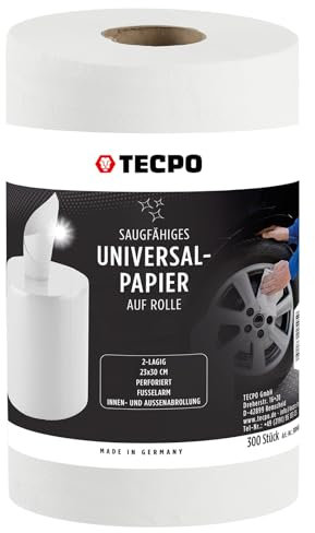 TECPO saugstarke Reinigungstücher, weiß recycelte Papierrolle, 2 lagig, 23x30cm, Rolle 300 Blatt, perforiert, Putzpapier, Wischtücher, Putztuchrolle geeignet für Industrie und Werkstatt