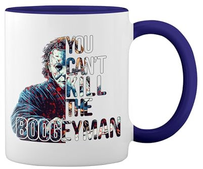 You Can'T Kill The Boogeyman Michael Myers Weiße Tasse Mug mit blauem Felgen und Griff