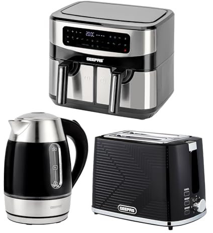 Geepas 1.7L Illuminating Electric Kettle 2 Slice Bread Toaster & 9L Dual Zone Air Fryer Kitchen Combo Set | 2200W Rapid Boil Cordless Jug Kettle | 900W Toaster | Oil Free XL Dual Basket Air Fryer
