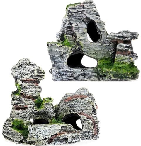 ZHjuju Décorations d'aquarium avec Herbe Verte,2 pcs Vue sur la Montagne Aquarium Rockery Cacher Cave Tree Fish Tank Ornement Décoration Décoration D'aquarium en Résine Décoration Cachette Aquarium