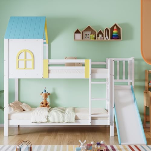 Kinderbett Etagenbett 90x200 cm, Hausbett Hochbett mit Rutsche, Dach und Fenster, Doppelbett Holzbett mit Rausfallschutz und Lattenrost, Spielbett Stockbett Jugendbett, Ohne Matratze, Weiß+Blau