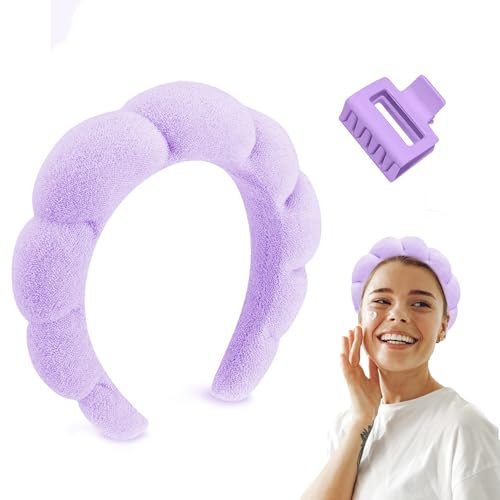 ZEPHRA Skincare Headband for Makeup with 1 Claw Clip- Spa and Facial Headband for Washing Face Puffy Bubble Hair band Terry Towel Sponge for Beauty Routine (Lilac)