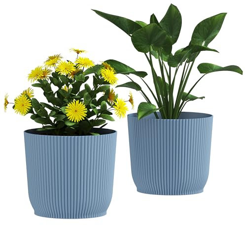 Outsunny Set of 2 Plastic Round Plant Pots Outdoor 22cm, Garden Planters, Flower Pots for Garden Decoration, Patios, Indoor, Outdoor, Home, Blue