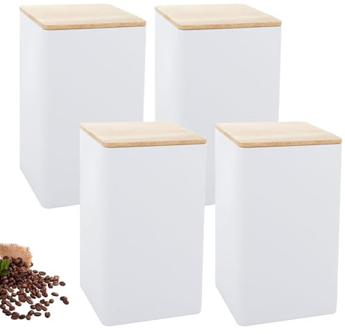 LDXDRU 4 Pack 1L White Tea Coffee Sugar Canister, 8.5 x 8.5 x 15cm Kitchen Storage Container with Lid, Square Metal Canister Storage Jar for Kitchen Food Storage Tea Coffee Sugar