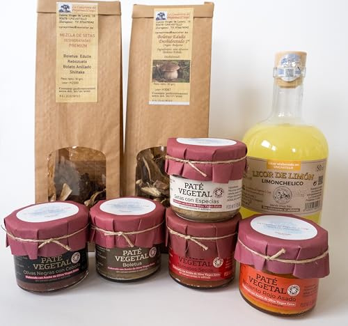 (PACK PRODUITS ARTISANES) 1 LIMONCHEL - 1 BOLETUS DÉSHYDRATÉ - 1 MÉLANGE CHAMPIGNONS PREMIUN - 5 PATS VÉGÉTAUX