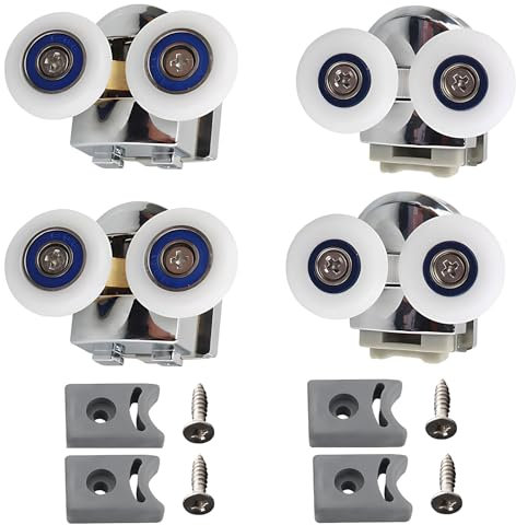 Curved Shower Door Rollers, Shower Door Wheels for Sliding Door Runners, 4-Piece Set with Upper & Lower Wheels, Includes Bumpers and Screws for Shower Screen Installation