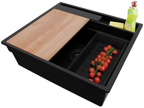 PRIMAGRAN Evier Cuisine en Granit Tout Noir 58x53cm, Lavabo 1 bac + Kit de Vidage + Planche à Découper, Évier à Encastrer al mueble 60cm - Oslo Pocket S214