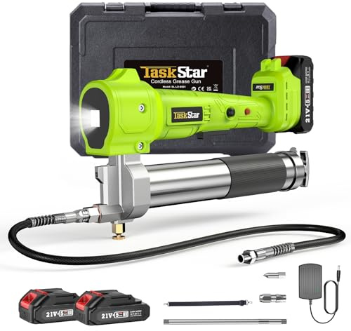 TaskStar Akku Fettpresse, [Super Effizient] Elektrische Fettpresse Kit mit 2 Batterien und Ladegerät, 39,4 Flexibler Schlauch,Variable Geschwindigkeit Trigger, Fettpresse mit LED Licht, Hellgrün