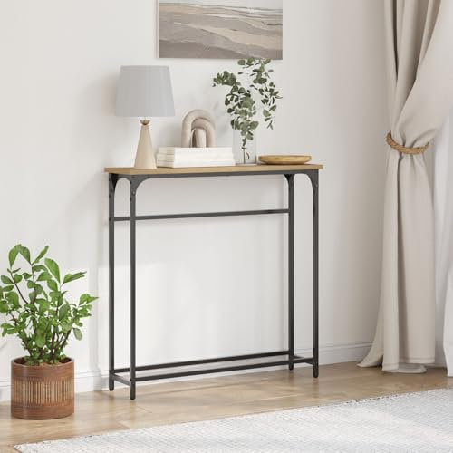 Brokky 863504 Tavolo Consolle in Rovere Artigianale 75x19,5x75 cm in Legno Ingegnerizzato e Acciaio Tavolo da Console con Ripiani,Tavolino Vintage,Mobile Ausiliario in Legno,per Soggiorno,Ingresso,Cor