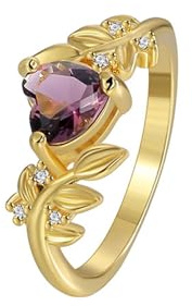KnSam Gold Au375 9K Verlobungsring, Blatt Partnerringe mit Amethyst (Herzschliff Lila), Gelbgold 375 Freundschaftsringe Echtes, Gr.56 (17.8)