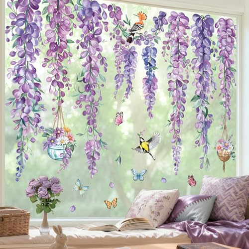 decalmile Window Clings Purple Flower Vine Wisteria Reusable Windows Decals | Anti-Collision, Static Cling Glass Decal, Double-Sided Printing, Both Sides Clearly Visible, Waterproof, Removable