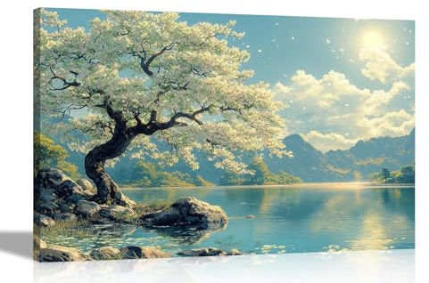 Artley Prints - White Flowering Tree Lake Mountain Framed Canvas Wall Pictures Scenary Decor Home Office Bedroom Prints 60 x 40cm (24 x 16 inches) A2