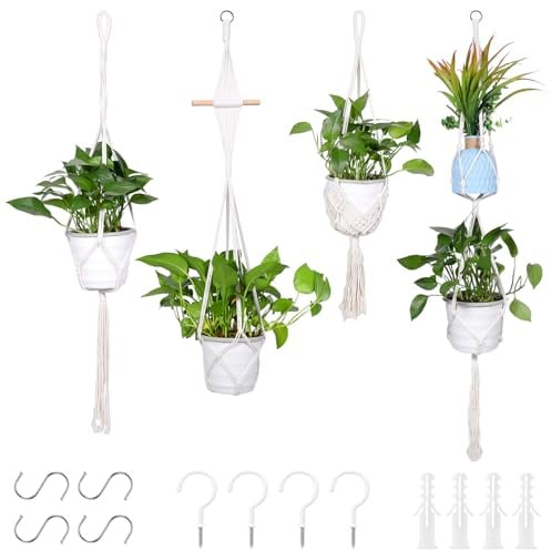 Zorplex 4 Piezas Colgadores De Macramé para Macetas, Cuerda de Algodón Trenzado Estilo Bohemio con Ganchos, Soportes Colgantes Decorativos para Plantas de Interior, Jardín y Ventana (Blanco)