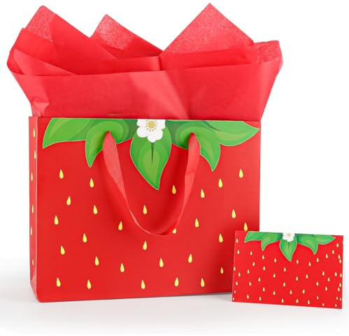 Tookala Rot Erdbeer Papier Geschenktüte, 32 x 25 x 11 cm Geschenktüte Mädchen Girls, Geschenktasche mit Seidenpapier & Grußkarte, Tragetaschen für Geburtstag Baby Shower Hochzeit Frühling Party DIY
