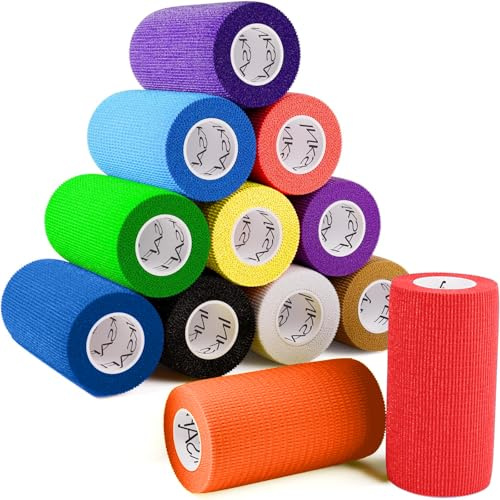 12 Rollos Venda Cohesiva Autoadhesiva, Venda Elastica Adhesiva 10 cm x 4,5 m, Venda Elástica para Deporte, Fitness, Muñeca, Tobillo, Primeros Auxilios y Mascotas, Tape Vendaje Deportivo