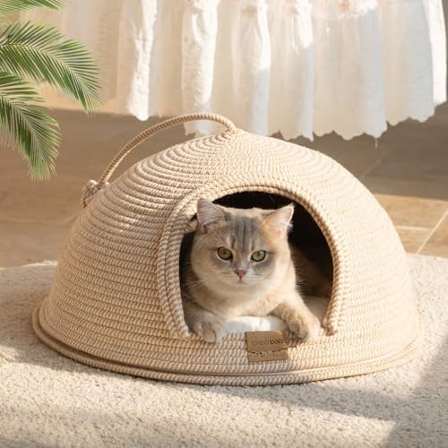 CHEERPALS Cat Cave Bed for Indoor Cats, 3 in 1 Cat House with Washable Cushion and Ball, Scratcher Bed, Cute Rope Bed for Kittens and Large Cat(White)