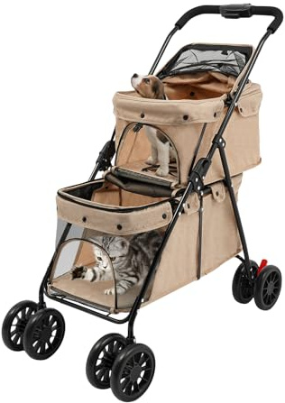 Klappbarer Hundewagen, 2 Etagen Haustiertrolley für kleine bis mittelgroße Hunde und Katzen, Hundebuggy mit Rädern, Sicherheitsgurte & Aufbewahrungstasche, für Mehrere Haustiere (Khaki)