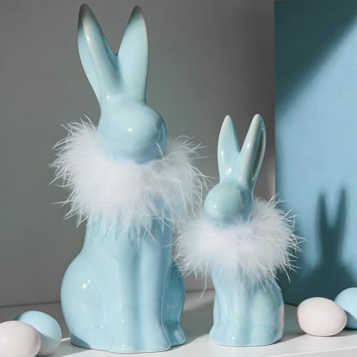 DN DECONATION Ostern Deko Osterhasen Figuren Keramik Set, 2er Set Blaue Osterhasen Osterdeko mit Fellkragen für Frühlings Tischdekoration, Garten Deko und Ostergeschenk