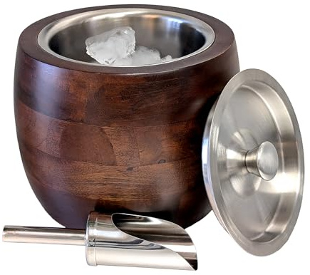 Iceberg 2.3 Quart Ice Bucket with Lid & Scoop – Mango Wood Ice Bucket with Stainless Steel Liner, Airtight Sealed Lid, Premium Barware for Cocktails & Entertaining
