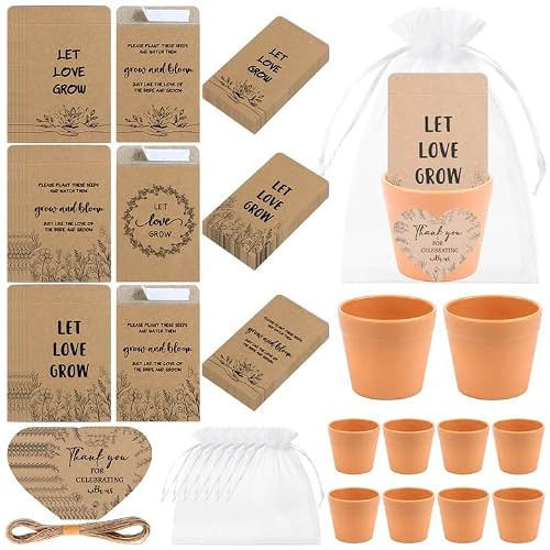 CNSJ 24 Sets Wedding Favours for Guests - Mini Flower Pots, Let Love Grow Self Adhesive Seed Packets (Seed Not Include) with Tags and Organza Bags for Bridal Shower Wedding Party