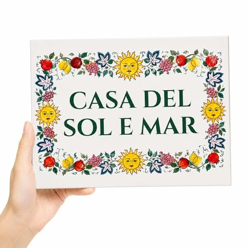 Targa in Ceramica Mediterranea Personalizzata con Nome Famiglia, Numero Civico e Motivi Sole e Limoni, Placca Stile Amalfi per Ingresso, Cucina, Villa e Casa Costiera