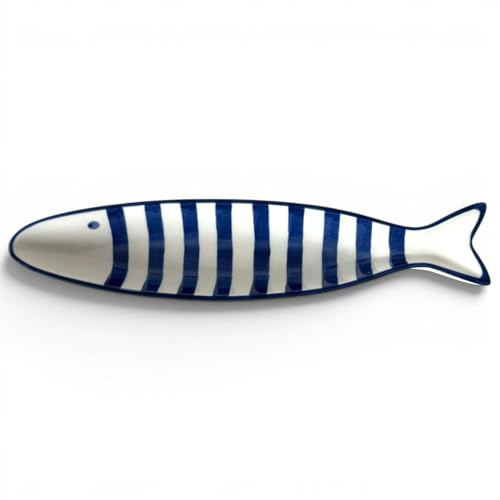 pf+a Ceramic Fish-Shaped Serving Dish, Blue and White Striped, 31cm x 7cm, Nautical Style