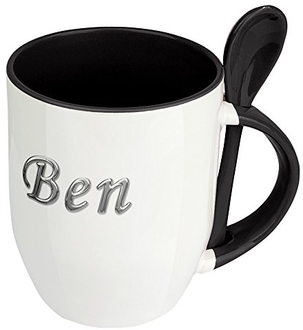 digital print Namenstasse Ben - Löffel-Tasse mit Namens-Motiv Chrom-Schriftzug - Becher, Kaffeetasse, Kaffeebecher, Mug - Schwarz