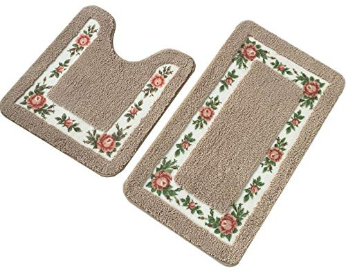 UKELER Bathroom Rugs Floral Rose Bath Mat Set of 2 Non Slip Bath Rugs Soft Shaggy U-Shaped Contour Toilet Rug for Bathroom, Mocha