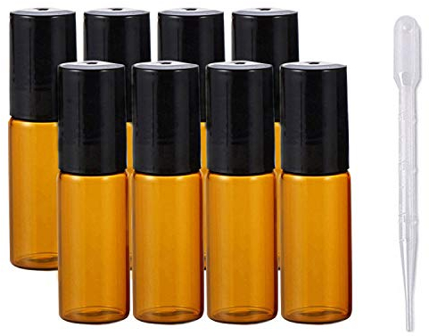 Junhope JamHooDirect 5ml Amber Glass Roll on Bottles with Stainless Steel Roller Ball - Refillable Essential Oil Roller Bottles with Lid Opener Pry Tool & 1 Transfer Pipette, 8Pcs