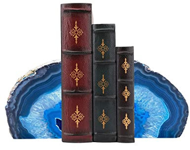 AMOYSTONE Multi-Buchstützen für schwere Bücher, blauer Achat, Stein, Bergkristall, Buchhalter, Regale, 2,7–3,6 kg, für Zuhause, Büro, Schreibtisch, dekorative Bücher, Einweihungsgeschenke